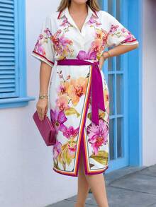 Miaspire Vestido cruzado con estampado floral elegante y cintura anudada, talla grande, para verano - Multicolor - Ver 5