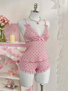 PetitDoll 2件套女士性感波点蕾丝荷叶边吊带背心内衣套装 - 粉色 - 查看 3