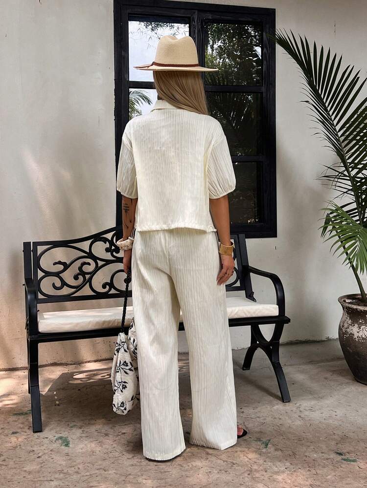 Women's Solid Color Zip-Up Short Sleeve Top And Long Pants Casual 2 Pieces Set