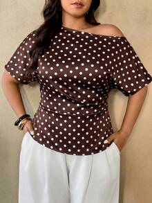 Auralis 大码春夏新款百搭简约通勤不对称蝙蝠袖褶皱腰身修身套头衫 - 棕色 - 查看 6