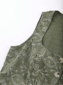SHEIN Tall CURVE Conjunto de 2 peças com Cardigã de Gola Quadrada Sem Mangas Ajustado na Cintura e Curto, Estampado, Elegante, Vintage e Romântico, para Mulheres Plus Size, Primavera/Verão - Verde - Visão 3