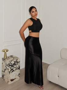 白色百褶修身半身裙，简约时尚，适合夏季穿着 - 黑色 - 查看 4