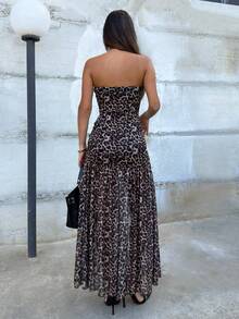 Ronhire Knitted Mesh Leopard Pattern Strapless Slit Bodycon Women Long Dress, Suitable For Going Out, Concert, Party, Club Outfits, Date, Night Out,Vacation ,Beach  Outfits,Garden Wedding Guest Dress, Elegant Dress For Women,Date, Concert, Party, Club Outfits, Valentine's Day ,Graduation Outfit,For Autumn And Winter, Mermaid, Bohemian Outfits, Ibiza Outfits, Western Style - Khaki - View 3