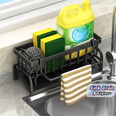 1 Kitchen Sink Storage Rack, Bathroom Storage Rack, Kitchen Faucet Sponge Holder, Sponge Drain Rack, Soap, Brushes, Towels, Scrubbers, Bathroom And Kitchen Supplies.