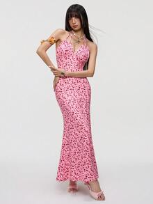 Rina Fox Đầm ôm sát thân kiểu đuôi cá họa tiết hoa nhí dành cho nữ - Màu Hồng Tươi - Xem 1