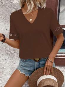EMERY ROSE Women's Casual Solid Color Short Sleeve T-Shirt, Summer - Coffee Brown - View 5