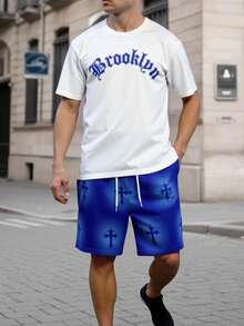 Torvinic Conjunto de camiseta holgada y pantalones cortos con gráfico de cruz de Brooklyn y contraste de colores, adecuado para primavera/verano, gran regalo para el novio (alta calidad) - Multicolor - Ver 5