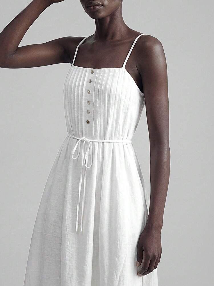 2026SS New Summer Women's Long Dress, Popular Solid Color Woven Fabric Vacation Style, Holiday Outfit. Women's White Sleeveless Pleated Dress With Square Neck, Minimalist Elegant Urban Chic Commuting Teacher Outdoor Summer Holiday Beach Wedding Guest Party Dress, Romantic Date Outfit, Comfortable Loose Waist Design, Fashionable Bestseller Long Dress For Women