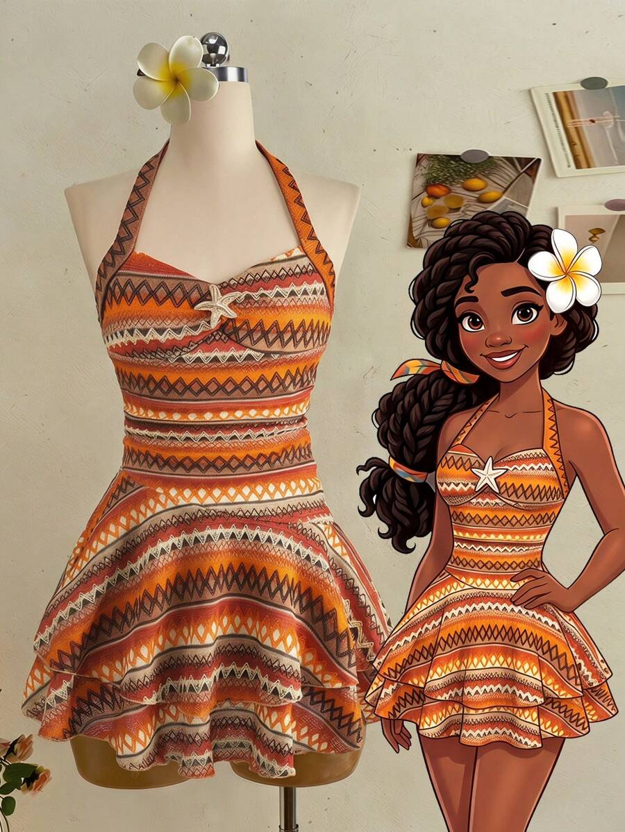 Elegant Yellow Textured Off-Shoulder Ruched Front Metal Decor Layered Ruffle Hem Mini Dress For Teen Girls,Spring/Summer Blue,Summer,Beach,Holiday - Orange - View 1