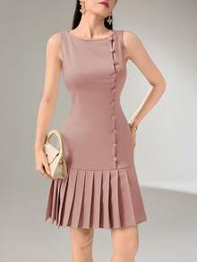 Heiryn Women's Fashionable Solid Color Pleated Sleeveless Mini Dress,Summer Dresses For Women - Pink - View 5