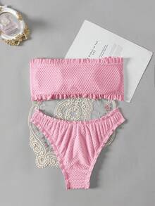 Swim Basics 女士夏季度假沙滩纯色纹理前系带荷叶边抹胸比基尼套装 - 藕粉色 - 查看 3