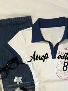 Women's Letter Print Contrast Color Casual T-Shirt - Multicolor - View 5