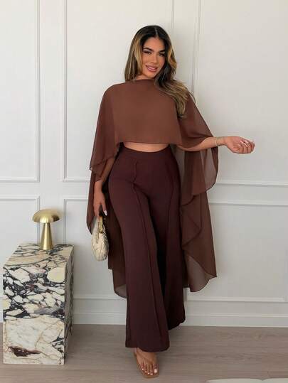 Maria Perezxox 2025秋冬新款通勤优雅休闲度假棕色圆领不对称披肩开衫+高腰阔腿长裤女两件套，旅行，通勤，聚会，度假，老款风格，逛街，宴会，优雅，派对，约会，休闲