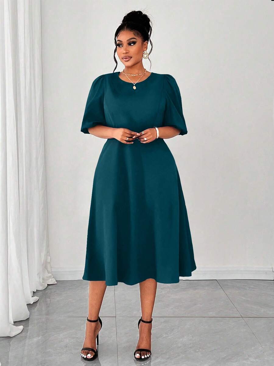 Maweii Vestido de mujer talla grande de unicolor con mangas abullonadas tejidas - Agua verde azul - Ver 1