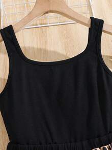 Emery Rose Kids Emery Rose Kids Tween Girl Solid Color Knit Patchwork Leopard Print Square Neck Casual Sleeveless Dress Vacation Black Summer Vacation Holiday - Black - View 3