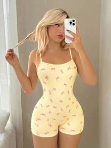 Sweetina Bodysuit ngắn nữ mùa hè màu vàng hở lưng, phối nơ, kẻ sọc, sexy, kiểu camisole đi chơi - Vàng nhạt - Xem 2