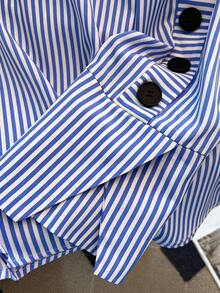 SHEIN CURVE+ Plus Size Women's Striped Stand Collar Long Sleeve Shirt, Suitable For Commuting, Outings, Vacation, Spring/Summer Tops - Blue - View 4