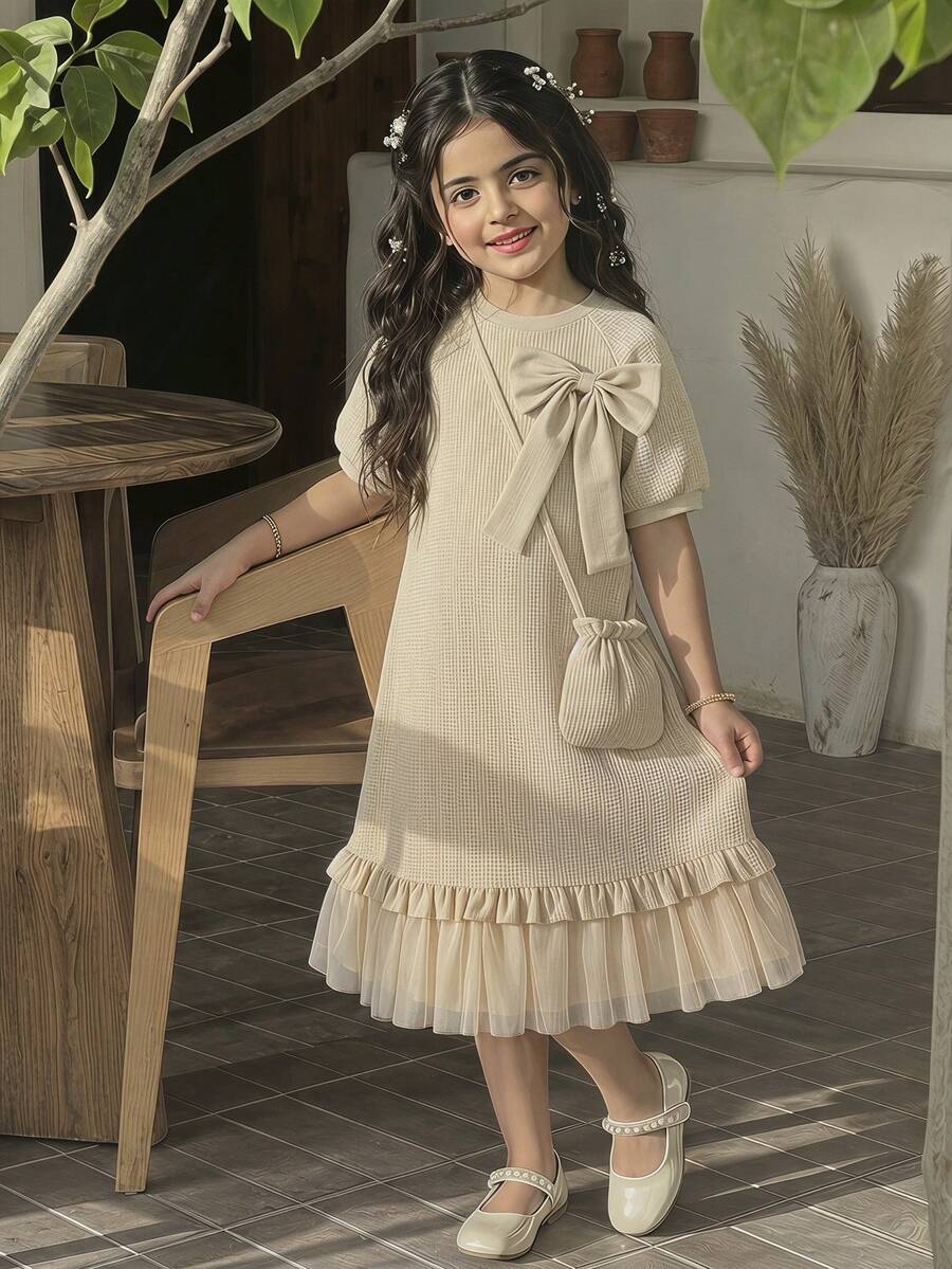 Girls' Elegant Solid Color Spring/Summer Dress, Girls' Solid Color Bow Round Neck Vest Spliced Mesh Skirt Matched With Fashionable Bag, Gentle Lady Style, Comfortable Multifunctional Daily Outfit, Girls Clothing - Apricot - View 1