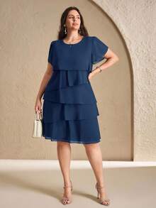 Chikora Plus Size Women Solid Color Round Neck Ruffle Sleeve Casual Dress - Teal Blue - View 5