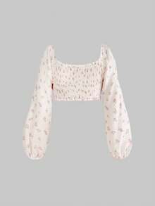 Sweetness Vacation Versatile Sweet Floral Frill Trim Petal Sleeve Cropped Plus Size Top, Spring/Summer - Apricot - View 6