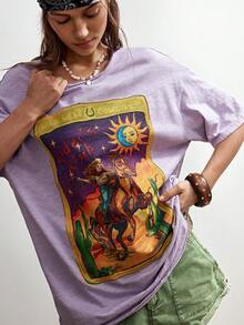 Bohemela BOHO Street Wear Western Cowboy Print Casual Solid Color Knit Round Neck Short Sleeve Loose T-Shirt For Women, Summer Top Everyday Lavender - Mauve Purple - View 1