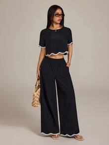 SHEIN PETITE 2件組女款對比色蕾絲飾邊短袖上衣與寬腿褲套裝，黑白格紋夏季波西米亞風度假休閒穿搭，適合嬌小身型女性 - 黑色 - 查看 9