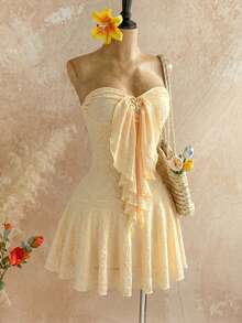 Soleia Women's Strapless Metal Decor Mini Dress,Paisley Textured Knit Corset Dress,Elegant Beige Summer Party,Holiday,Nightclub,Boho,Vintage Birthday Outfit - Light Yellow - View 7