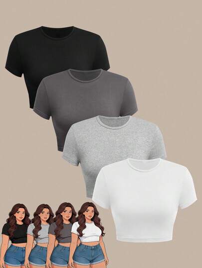 EMERY ROSE 4pcs/Set Plus Size Women Solid Color Round Neck Short Sleeve T-Shirts, Casual Versatile Daily Wear