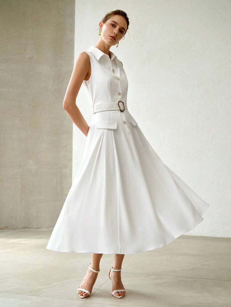 WOMEN'S FASHIONABLE SLEEVELESS BELTED WAIST DRESS