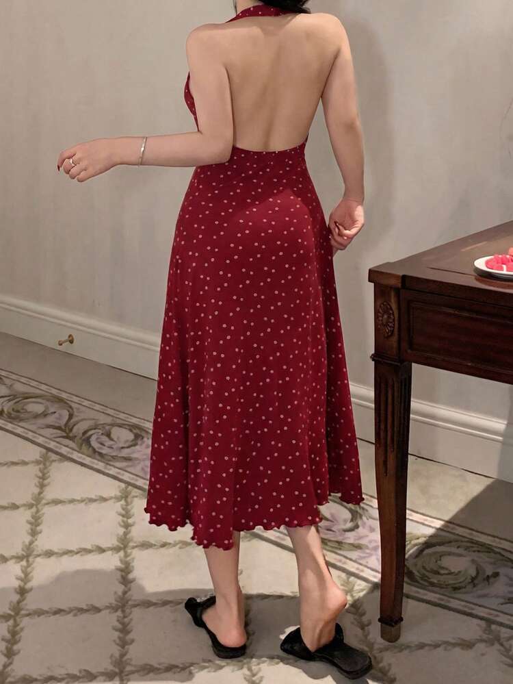 Dazy Plus Ditsy Floral Frill Trim Waist Cinched Long Sexy Red Nightgown For New Year