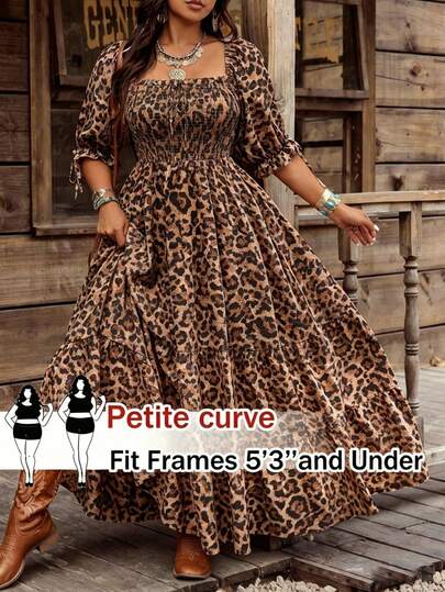 SHEIN PETITE CURVE Plus Size Petite Women's New Spring/Summer Leopard Print Square Neck Half Sleeve Waist Ruched A-Line Dress