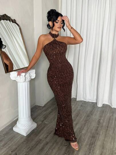 Dayanna Comas 棕色露背金属扣缀饰直筒亮片优雅连衣裙，适合鸡尾酒会、浪漫约会、秋冬分层连衣裙、派对、正式聚会、万圣节连衣裙、圣诞节连衣裙