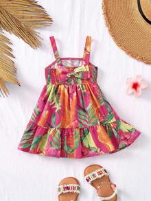 Travachic KIDS Babygirl Summer Cute Leaf Print Spaghetti Strap Dress - Hot Pink - View 2