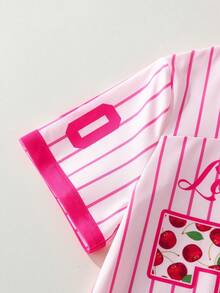 Maija Kids Maija Kids Vestido de malha casual e confortável para meninas pré-adolescentes com estampa de cerejas e números, manga curta, ideal para uso diário, exercícios, férias, passeios, primavera e verão. - Rosa - Ver 5