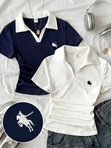Conjunto de 2 piezas de top corto ajustado de punto con contraste de color, cuello azul marino y blanco, con pequeño logotipo bordado para niñas preadolescentes, compra 1 y llévate 1 gratis - Azul y blanco - Ver 3