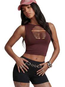 Nooralise Women's Fashion Sexy Ripped Tank Top - Brown - View 1