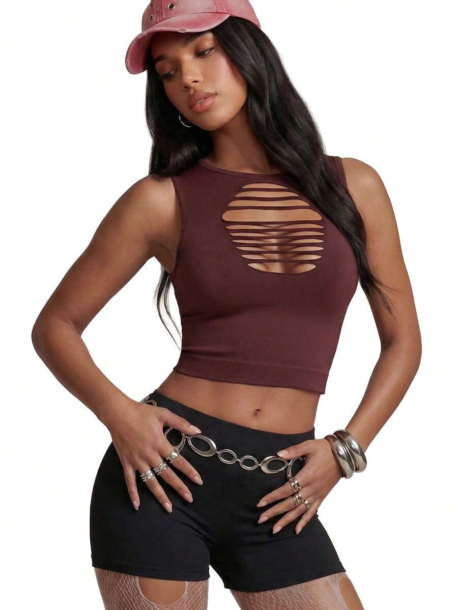 Nooralise Women's Fashion Sexy Ripped Tank Top - Brown - View 1