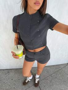 Muchica 深灰色短款衬衫和短裤休闲套装 - 灰色 - 查看 3