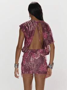 MUSERA Đầm mini dáng rộng trễ vai, viền ren, in họa tiết, thích hợp cho kỳ nghỉ hè, đi biển, Ibiza, lễ hội, thanh lịch, mùa trăng anh đào. - Nhiều màu - Xem 2