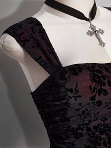 ICON Vestido ajustado con cuello cuadrado, estilo gótico oscuro Y2K, de malla y fruncido para mujeres de talla grande - Burdeos - Ver 7