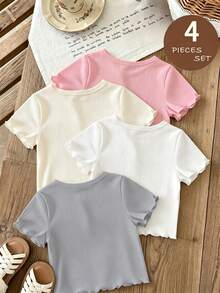 SHEIN Playful Pals 4pcs/Set Infant & Toddler Girls Grey And Pink,Summer,Casual,Graduation,Back-To-School Korean Style Ruffle Trim Ribbed Solid Short Sleeve Basic Tops - Multicolor - View 2