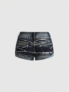 ROMWE Grunge Punk Y2K性感超低腰迷你牛仔短裤，夏季穿搭 - 藍色 - 查看 2