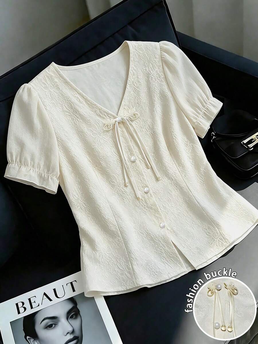 Franclia New Chinese Style Button-Up Chiffon Blouse, Women Short Sleeve V-Neck Jacquard Top, Fitted Shirt - White - View 1