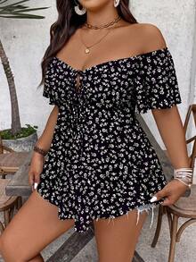 SHEIN VCAY Áo thun trễ vai gợi cảm in hoa thanh lịch dành cho nữ cỡ lớn - Nhiều màu - Xem 4