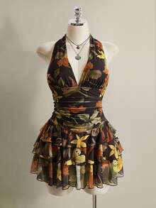 SHEIN ICON Plus Size Leopard Print Halter Neck Ruched Waist Multi-Layered Mesh Dress - Multicolor - View 3