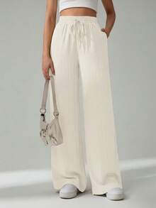 SHEIN Tall Pantalones casuales de unicolor con cordones para mujer, para ir al trabajo, para mujeres altas - Beis - Ver 4