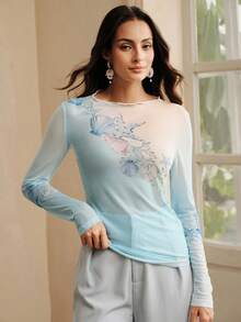 Áo lưới mỏng màu xanh nhạt với họa tiết sinh vật biển, thích hợp cho mùa xuân/hè. - Màu xanh lam - Xem 5