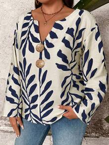 EMERY ROSE Damen Große Größen V-Ausschnitt Knopfdekor Lässige Lose Bequeme Urlaubs Blatt Muster Langarm Lässige Bluse, Frühling/Sommer - marineblau - Übersicht 3