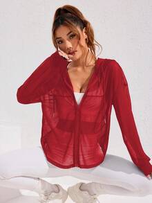 SHEIN Dewbera Women's Casual Sport Style Plain Zip Up Drawstring Hoodie Mesh See-Through Jacket - Red - View 4