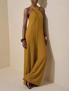 Zivah Women's Mustard Yellow Elegant Jumpsuit,Summer Loose-Fitting Cross-Striped Off-Shoulder Wide-Leg Long Jumpsuit For Dining,Wedding Guest,Vacation&Party - Mustard Yellow - View 7
